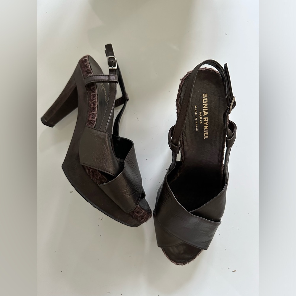 Vintage Sonia Rykiel  Peep Toe  Wood Platform Sandal Leather  size 38